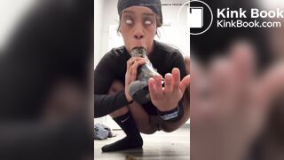 Sexy ebony riding shitty dildo then tastes it