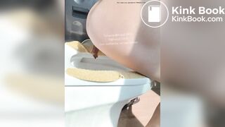 The girl squatted on the toilet to defecate