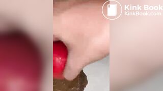 Girl eat apple with scat