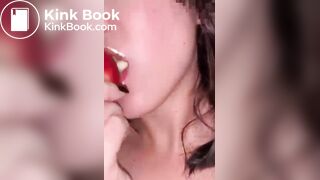 Girl eat apple with scat