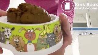 Filling a bowl for the dog with a big poo..