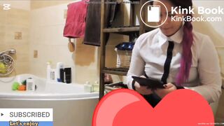 Sexy business girl desperate poop after work