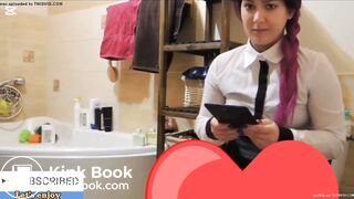 Sexy business girl desperate poop after work