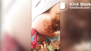 Big poo in her pants in the woods,,