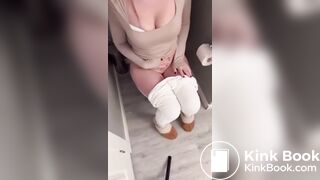 Sexy girl in white leggings having diarrhea on toilet