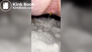Dirty hairy ass slut shitting and pissing on the snow