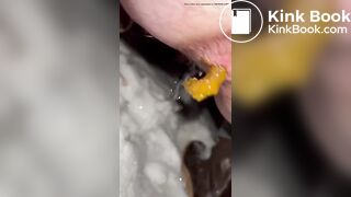 Dirty hairy ass slut shitting and pissing on the snow