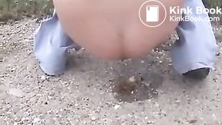 4 girls take turns pooping outdoors..