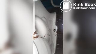 Girl shits a messy pile on the toilet lid