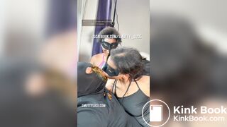 2 Crazy Ebony Girls Shit in Lucky guy's mouth - video 2