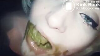 Slave bitch licks and sucks shit from her man's feet