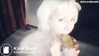 Slave bitch licks and sucks shit from her man's feet