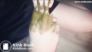 Slave bitch licks and sucks shit from her man's feet