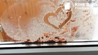 Hot girl shitting on door window