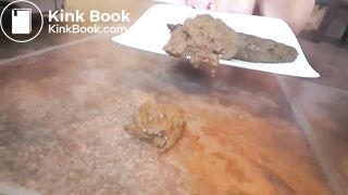 Hot girl dirty talking and shitting on plate