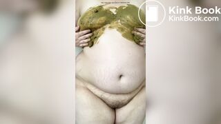 SSBBW smears her green shit on her big belly and tits