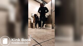 Blonde girl pooping while accompanied by friend