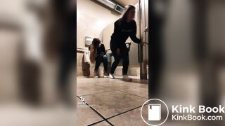 Blonde girl pooping while accompanied by friend