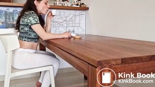 white leggins mess while sitting on a chair