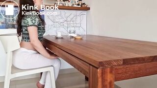 white leggins mess while sitting on a chair