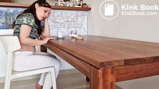 white leggins mess while sitting on a chair