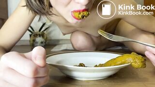 Hot girl shitting on plate and eating it