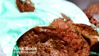 Huge messy poop in teal panty under red dress