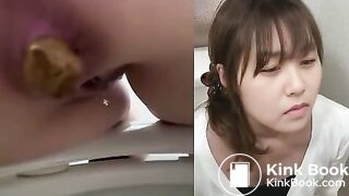 Pretty Asian pooping on a Western toilet