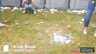 Girl has to poop behind crowded portapotty