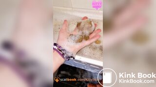 Huge thick constipated shit in bubbly sink