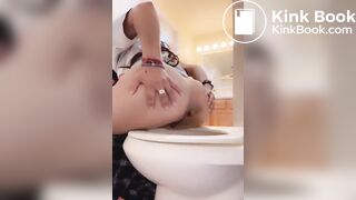 Latina woman poops on toilet