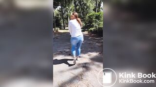 Woman messes her jeans in public