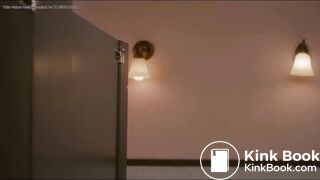 Woman has diarrhea in stall with broken door scene