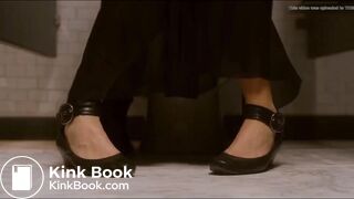 Woman has diarrhea in stall with broken door scene