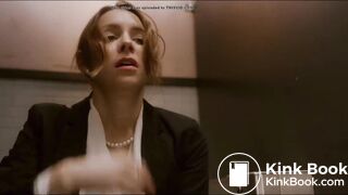 Woman has diarrhea in stall with broken door scene