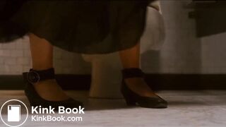 Woman has diarrhea in stall with broken door scene