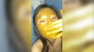 Very sick Thai girl eating her own poop