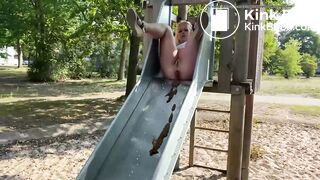 Blonde shits on slide