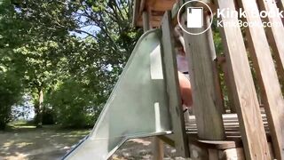 Blonde shits on slide