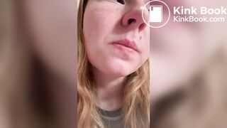 Filthy teen slut tastes her shit in a public toilet