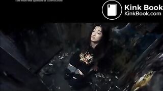 Asian girl has diarrhea on dirty public toilet