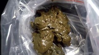 Messy poo in a plastic bag and urine in a potje..
