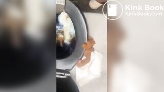 Girl shits in porta-potty but misses