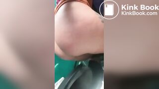 Girl shits in porta-potty but misses