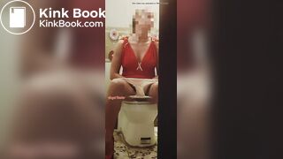 Girl in a red dress pissing at a party