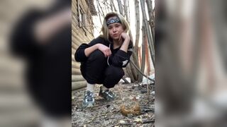 GORGEOUS GIRL POOPS IN THE WOODS. No Wipe