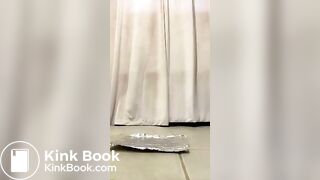 Sexy blonde shitting and places her shit in a bag