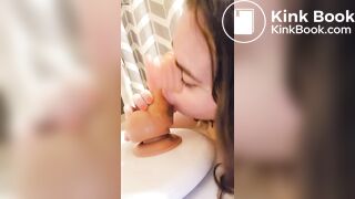 Pig cleans shitty dildo