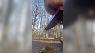 Girl shits off the side of a park bench