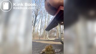 Girl shits off the side of a park bench